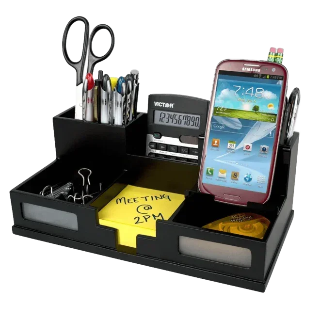 Black desk organizer with calculator, phone, pens, scissors, and sticky notes for office productivity