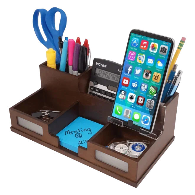 Wooden desk organizer with phone stand, calculator, pens, scissors, and sticky notes for office or school productivity
