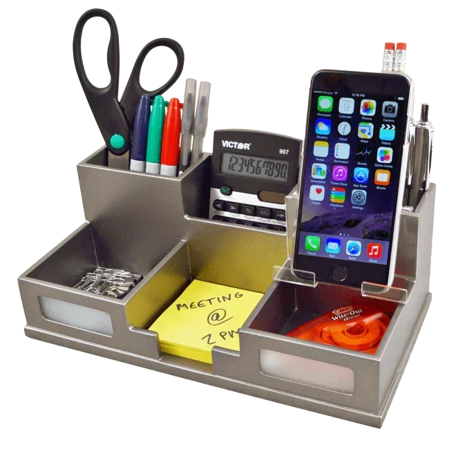 Metal desk organizer with calculator, phone stand, pens, scissors, and sticky notes for office productivity