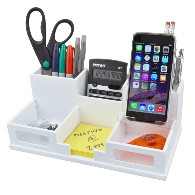White desktop organizer with calculator, phone stand, pens, scissors, sticky notes, and tape for office or school workspace