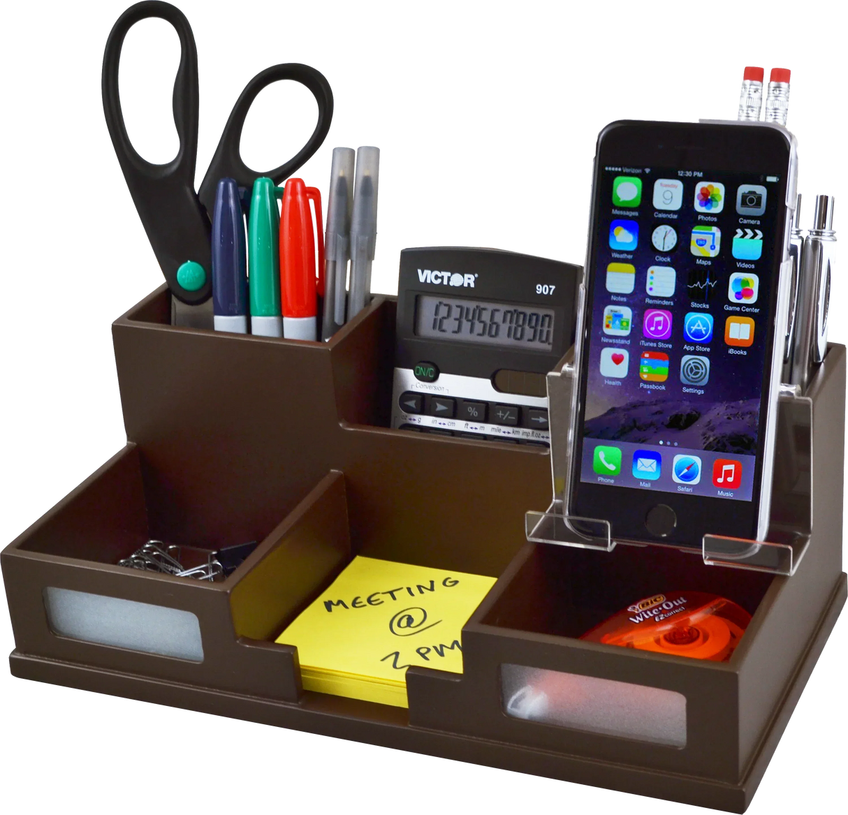 Brown desk organizer with calculator, phone stand, pens, scissors, sticky notes, and office supplies for workspace organization