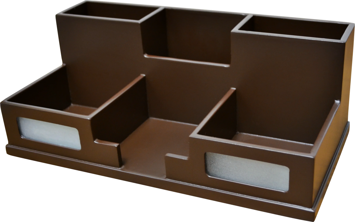 Brown multi-compartment desk organizer for office supplies and workspace storage