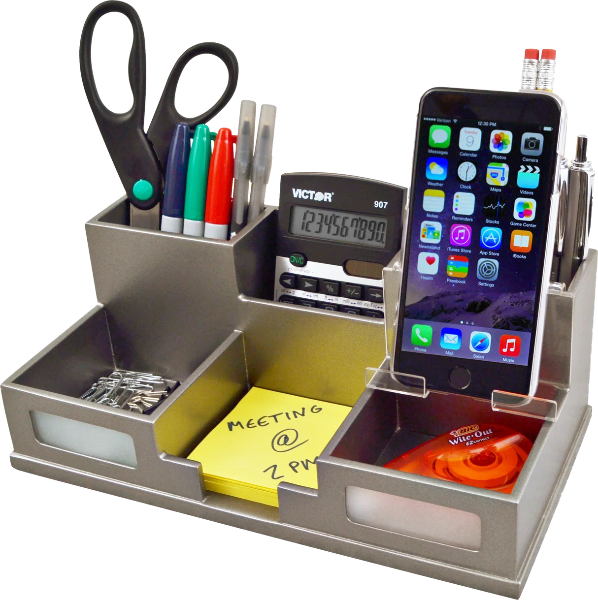 Metal desk organizer with calculator, phone stand, pens, scissors, sticky notes, and office supplies for workspace efficiency