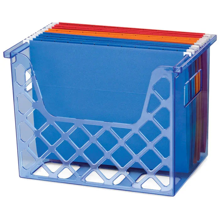 Blue plastic desktop file organizer with colorful hanging folders for office organization