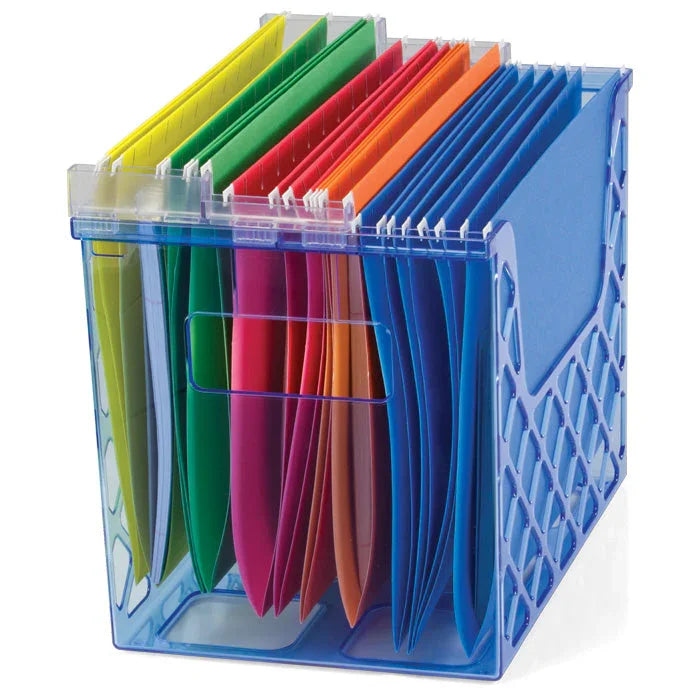 Blue desktop file organizer with colorful hanging folders for office or school organization