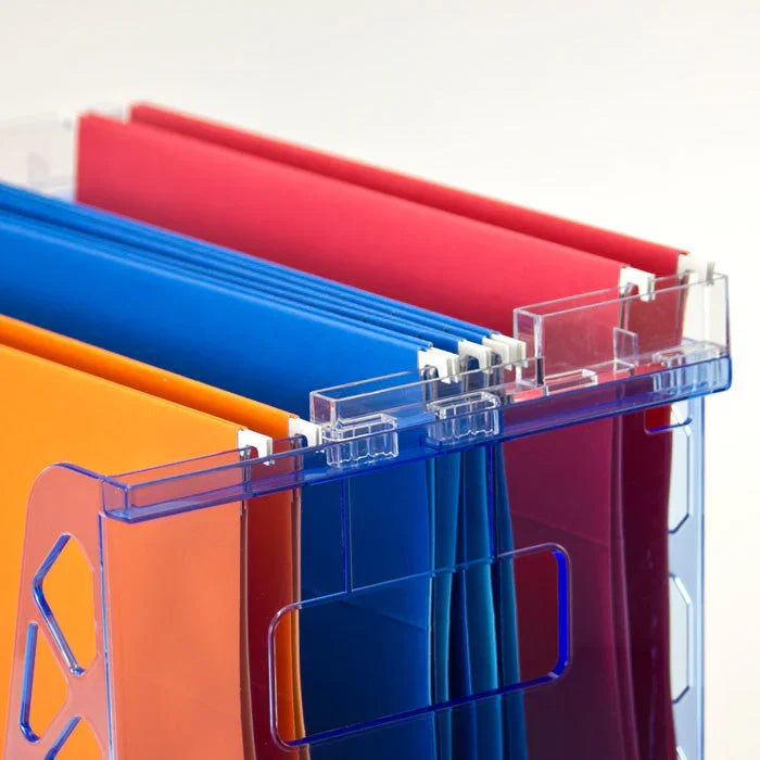 Clear plastic desktop file organizer with colorful folders for office document storage