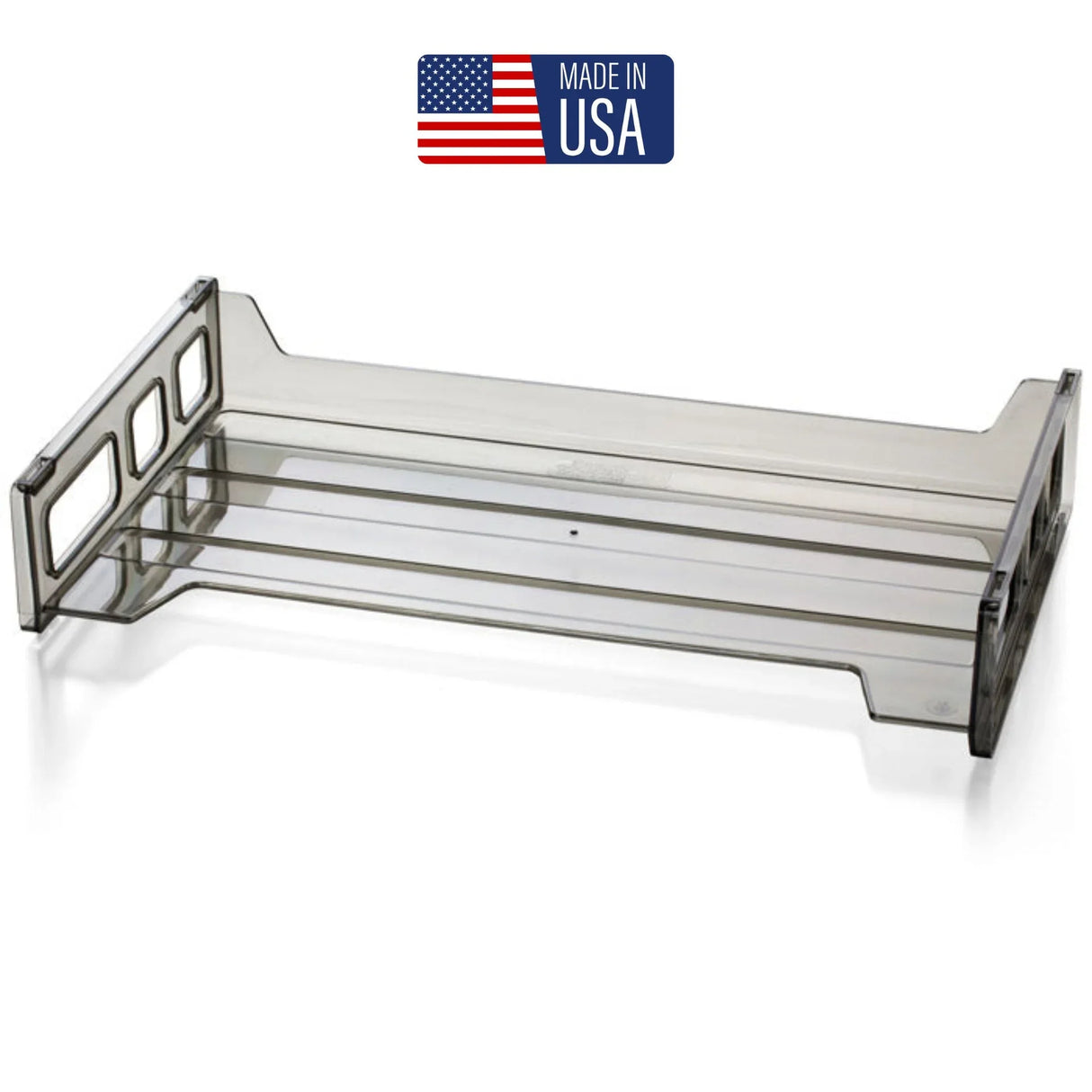 Clear plastic desktop legal tray organizer with Made in USA label above