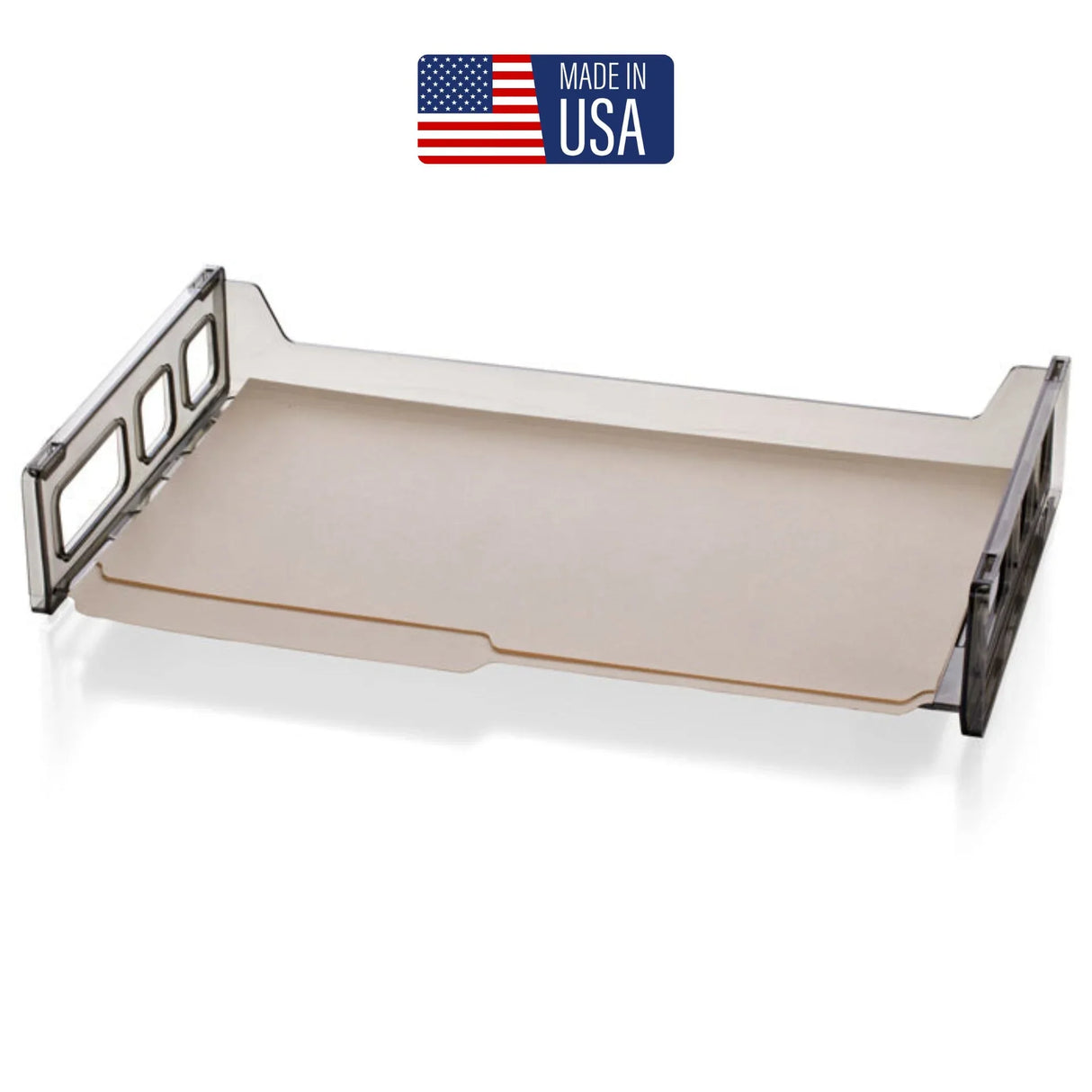 Clear plastic desktop letter tray with side handles, holding a file folder, Made in USA label above