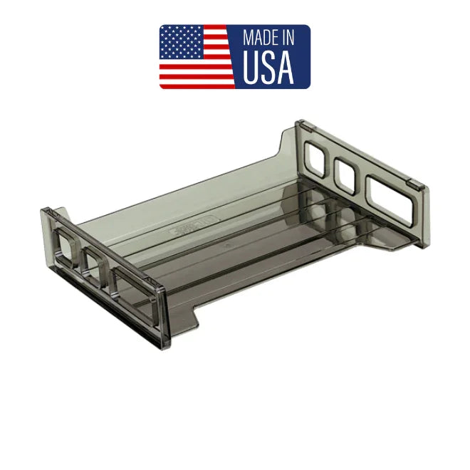 Transparent plastic desktop letter tray organizer with Made in USA label above