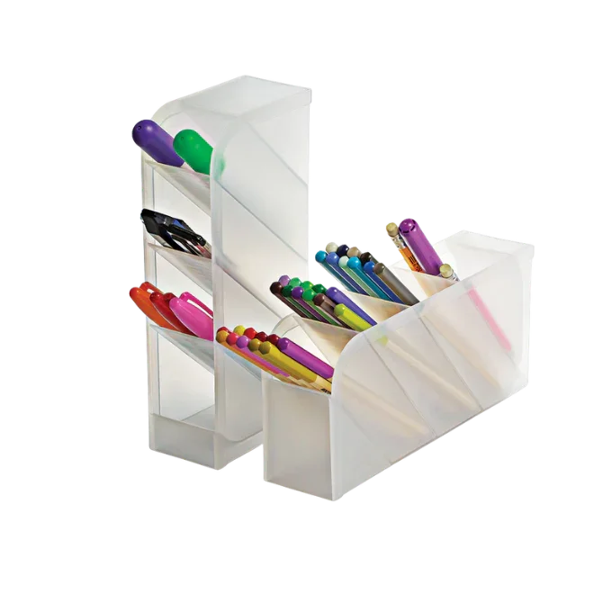 Clear desktop pen holder organizer filled with assorted pens and pencils