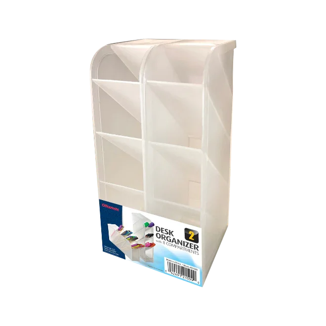Clear plastic desk organizer with 6 compartments for office supplies