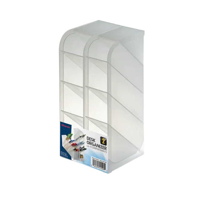 Clear plastic desk organizer with four angled compartments for office supplies