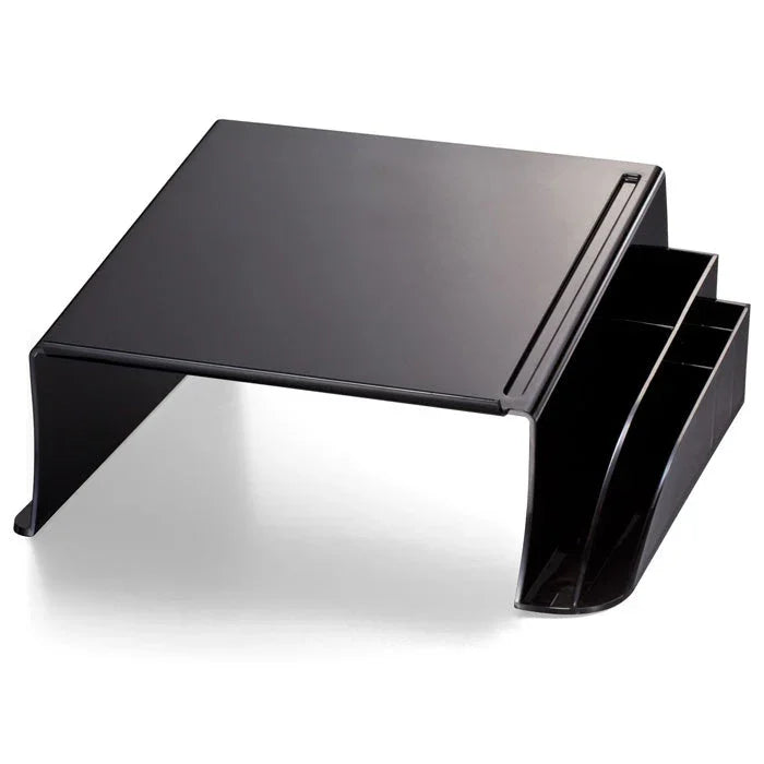 Black desktop telephone stand with built-in side organizer compartments for office supplies