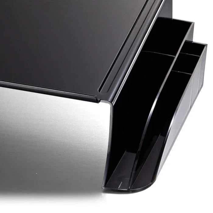 Black desktop telephone stand with built-in side organizer for office desk setup