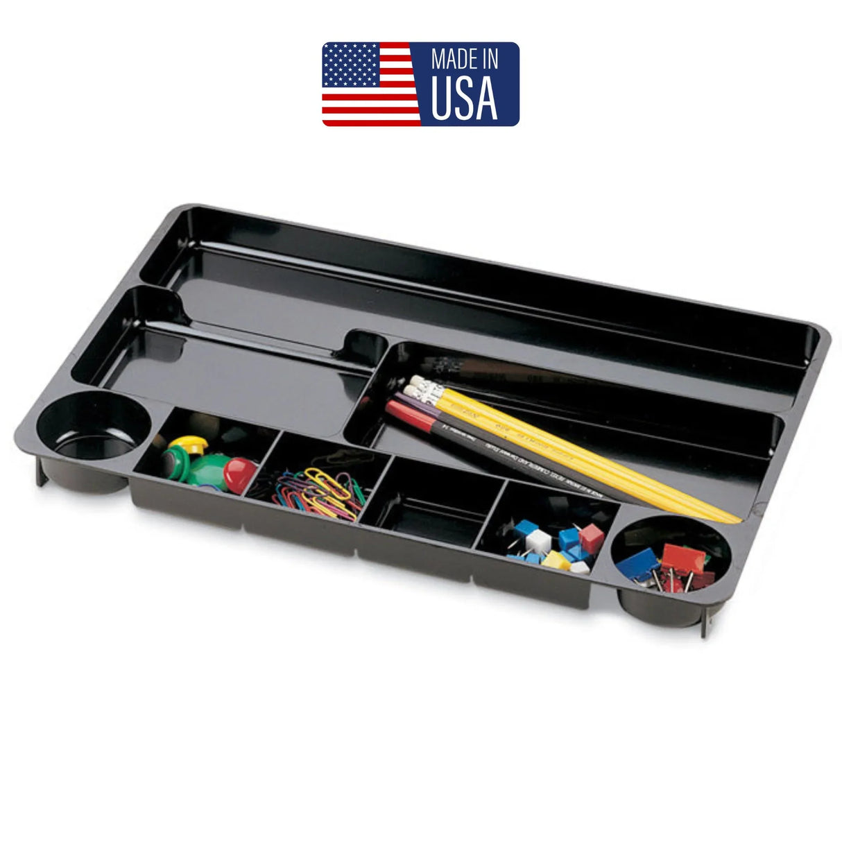 Black plastic desk drawer organizer tray with pencils, paperclips, push pins, and assorted office supplies