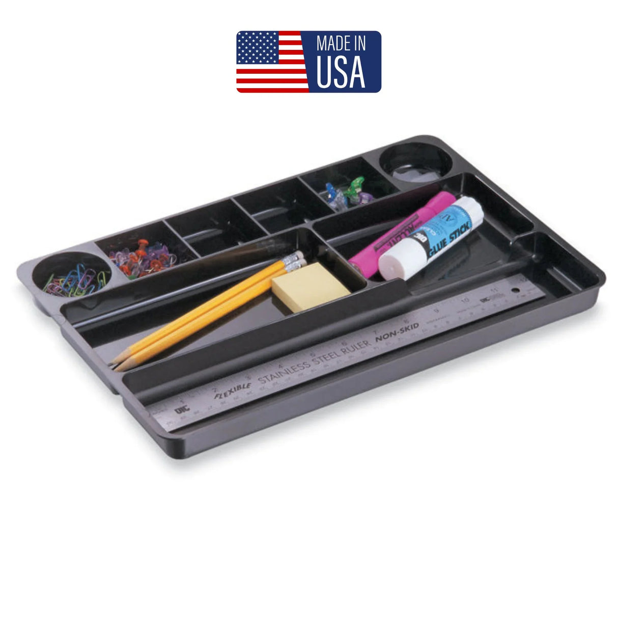 Black drawer organizer tray with pencils, ruler, paper clips, push pins, and glue sticks