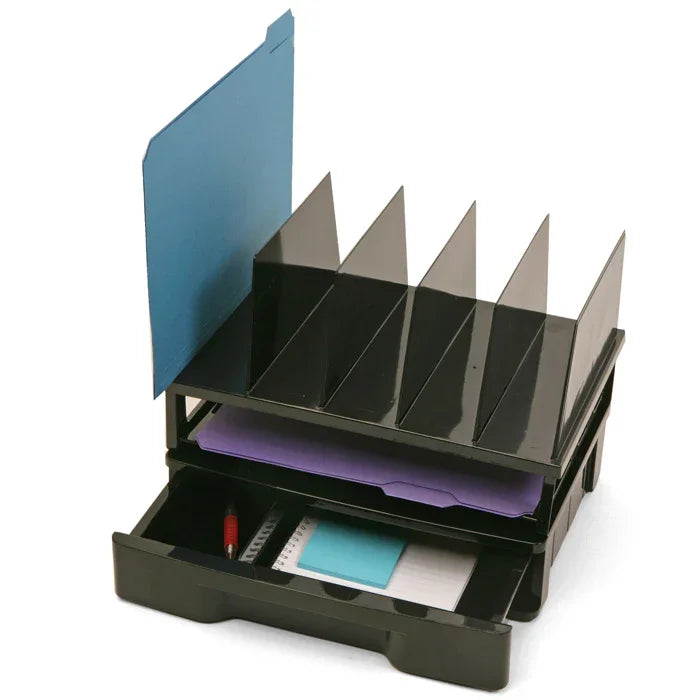 Black office organizer with letter tray, vertical file sorter, and open drawer holding supplies