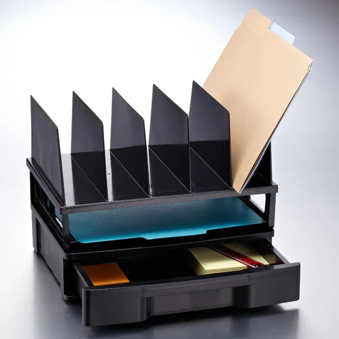 Black desk organizer with letter tray, vertical file sorter, and storage drawer for office supplies