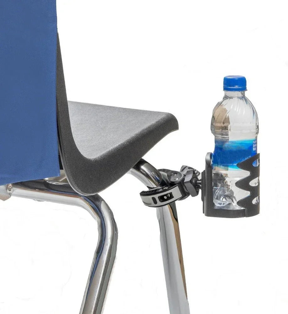 Chair with attached cup holder holding water bottle, ideal for office or school desks