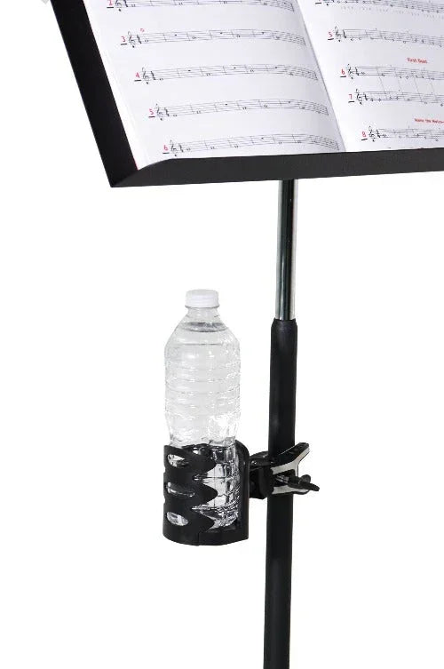Black music stand with sheet music and attached water bottle holder for musicians