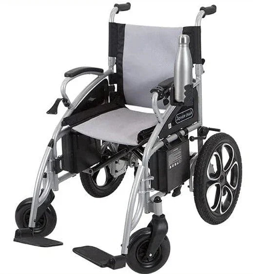 Lightweight manual wheelchair with gray seat, black frame, and large rear wheels for mobility support