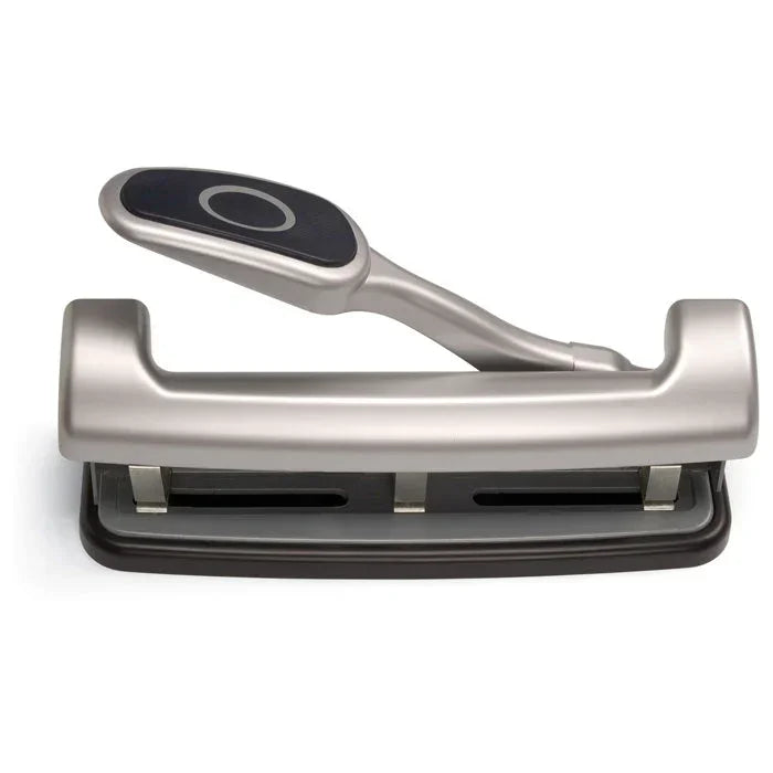 Silver 2-hole punch with black base and ergonomic handle for office paper organization