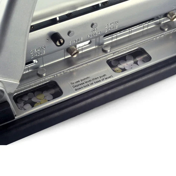 Silver 3-hole punch with adjustable settings and chip collection trays for office paper prep