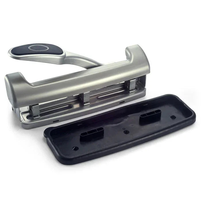 Heavy-duty metal hole puncher with black base for office paper punching tasks