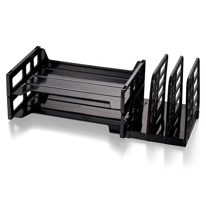 Black file sorter with two letter trays and four upright sections for desk organization