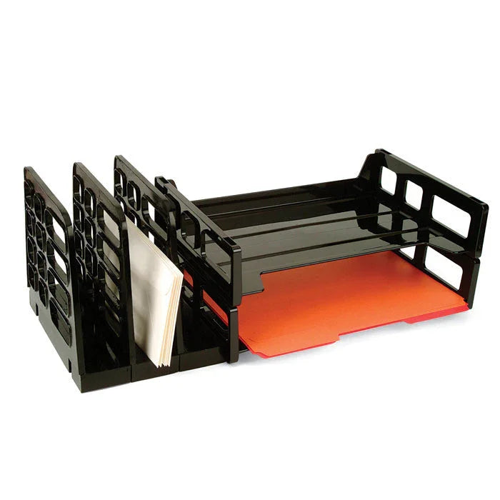 Black plastic file sorter with letter trays holding folders and papers for office organization