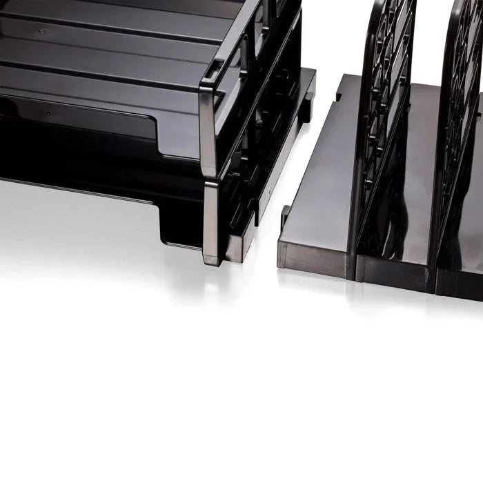 Black plastic file sorter with multi-tier letter trays and vertical slots for desk organization.