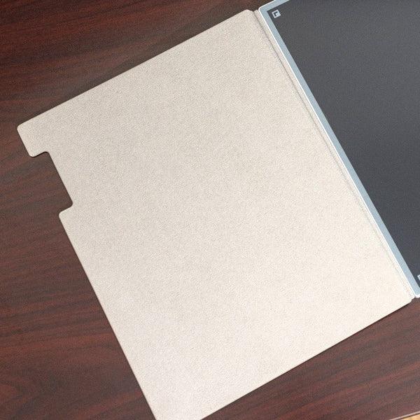 Beige folio cover open on desk with smart notebook inside