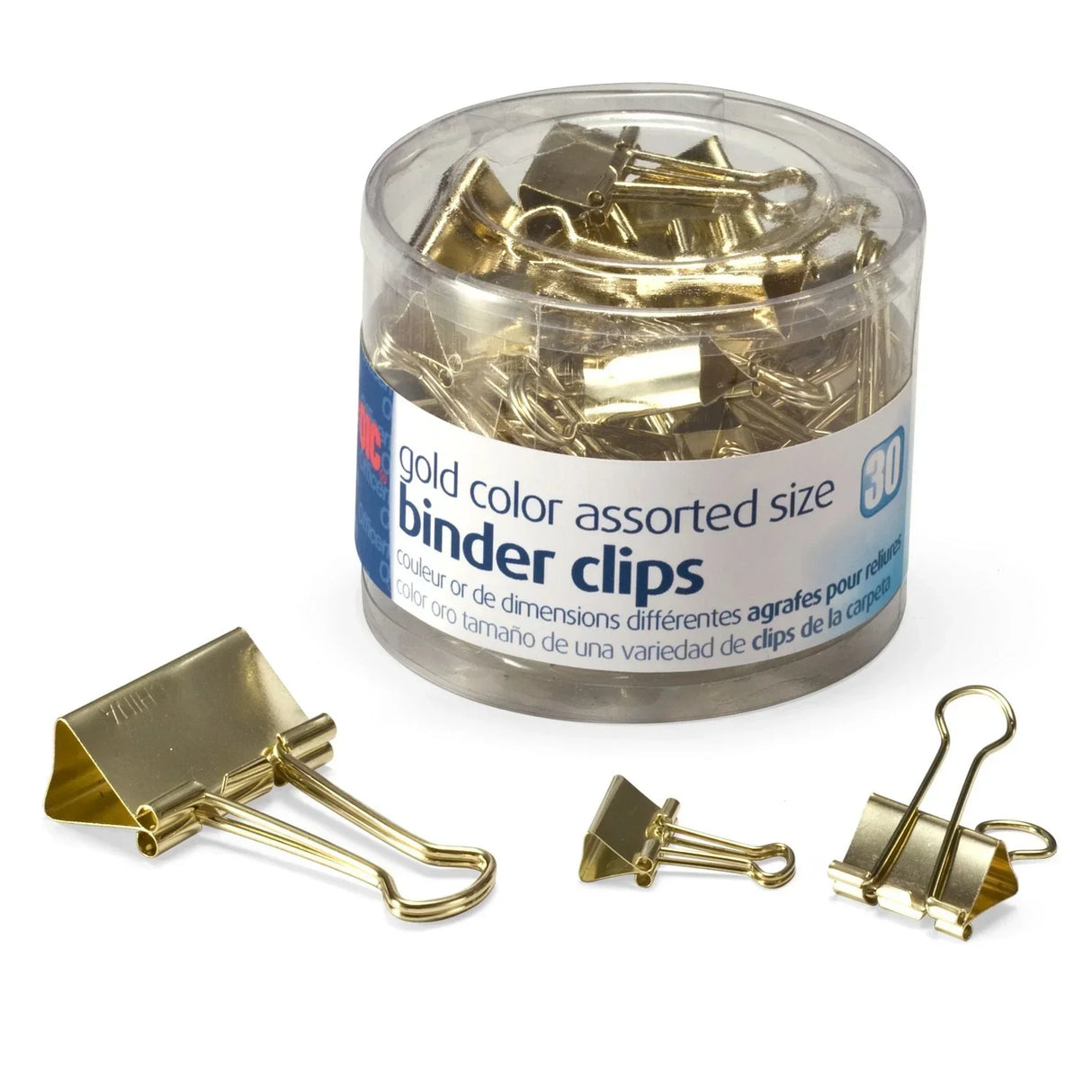 Gold assorted size binder clips in clear container, ideal for office organization and paperwork.