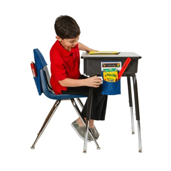 Child sitting at a desk with educational materials on a white background