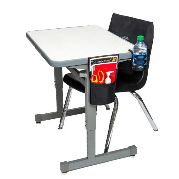 School desk with a chair, water bottle, and cleaning supplies on a white background