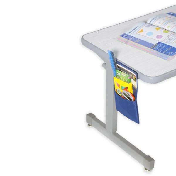 White desk with a blue magazine holder on a white background