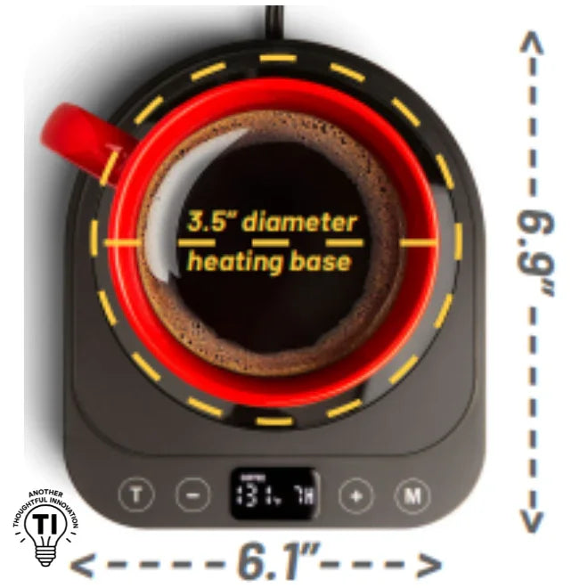 Overhead view of cup on electric mug and candle warmer with digital display, showing 3.5-inch heating base.