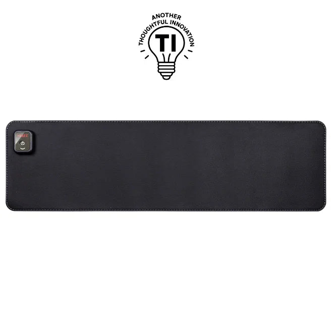 Black rectangular Heetz heated desk pad with power button on white background
