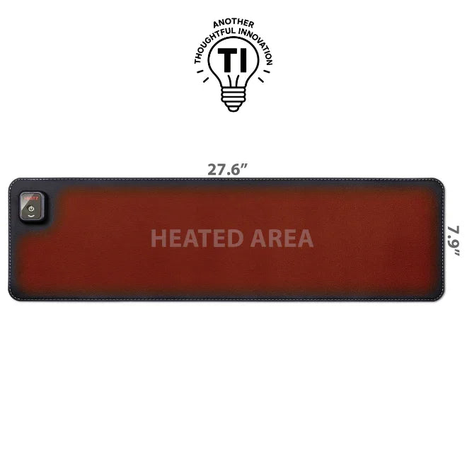 Heated desk pad with power button, brown surface, 27.6 x 7.9 inch workspace accessory
