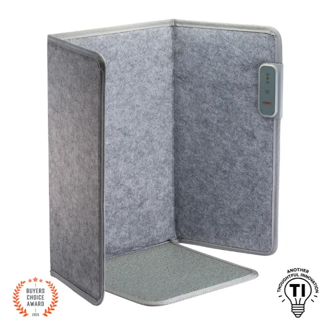 Gray portable foot and leg heater with control panel, for office or home use. Heetz under desk foot and leg warmer.
