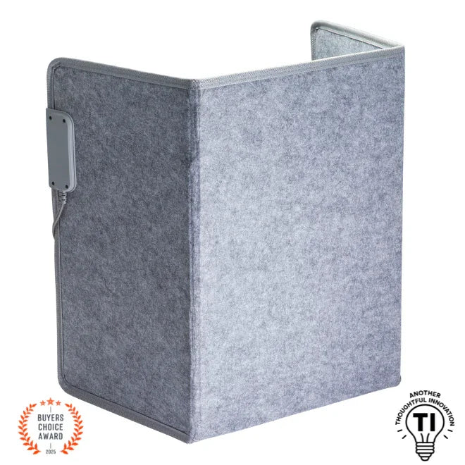 Gray portable foot and leg heater with soft panel design and control box, award badge shown