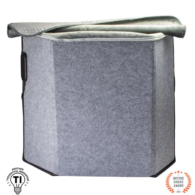 Gray foot and leg heater deluxe with soft lining, boxed design and award badges displayed