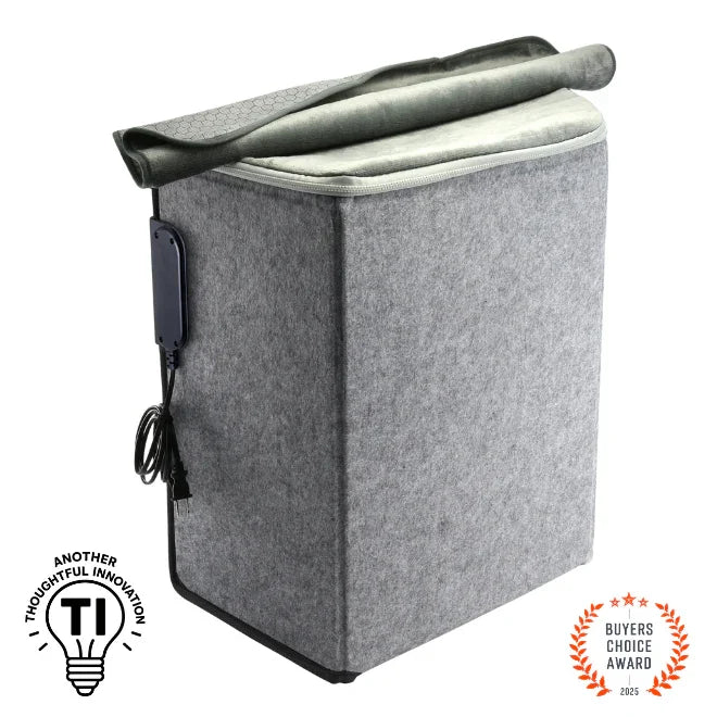 Gray foot and leg heater deluxe with fabric exterior, adjustable cover, and attached power cord