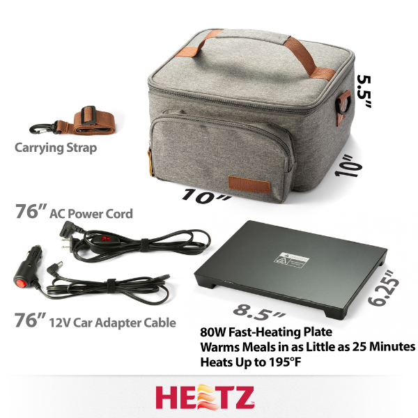 Heetz food warming kit with carrying strap, power cord, car adapter, and heating plate on a white background.
