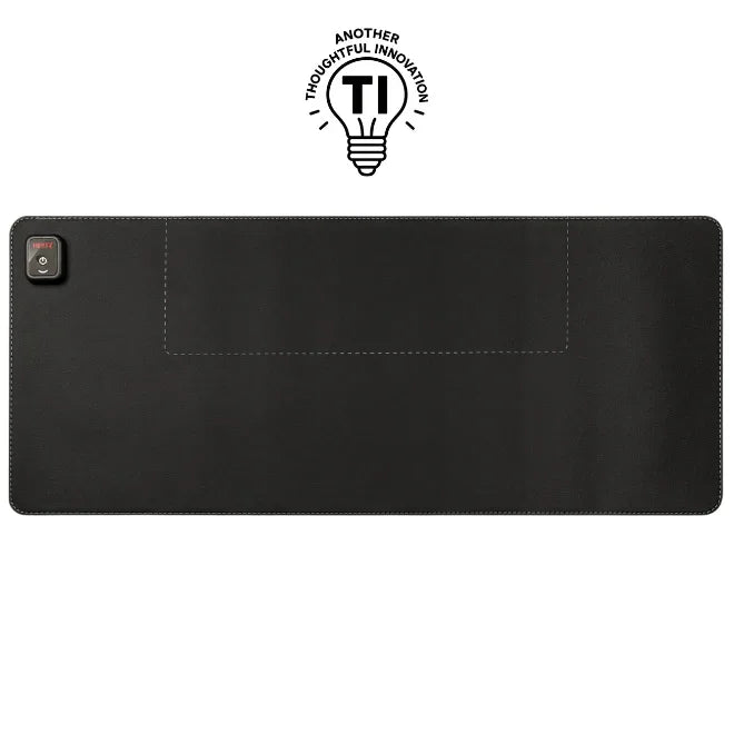 Large Heetz black desk pad with stitched edges and power button, ideal for office workspace organization.