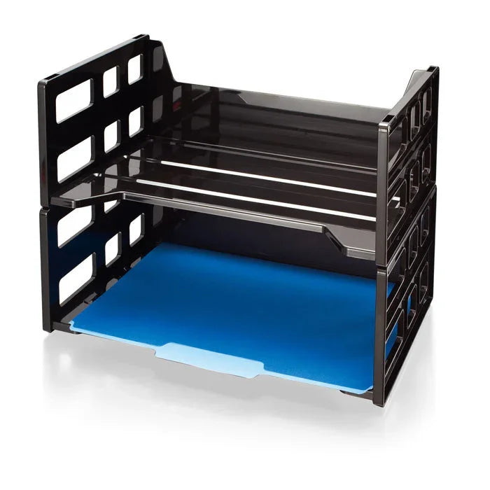 Black high-capacity letter tray organizer with two tiers and a blue file folder.