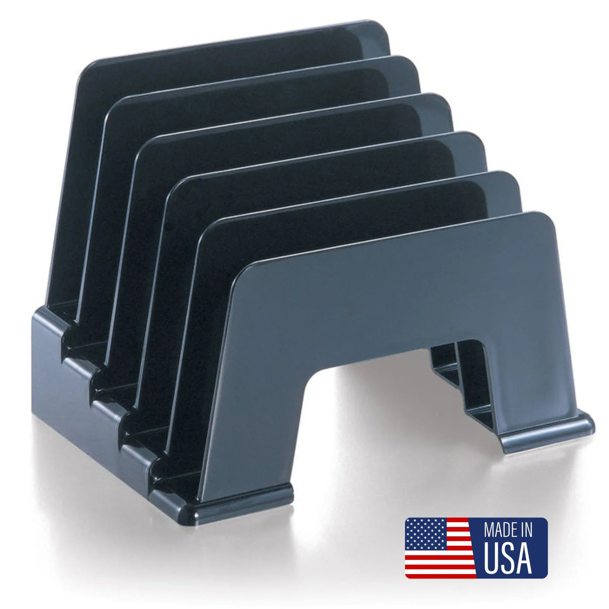 Black plastic incline mail sorter organizer with five slots and Made in USA label