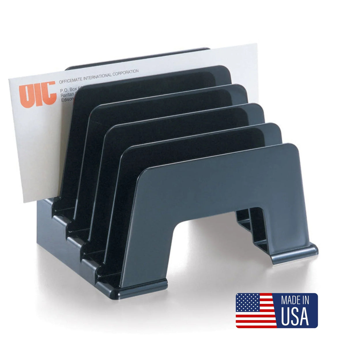 Black incline mail sorter organizer with five slots and a Made in USA label