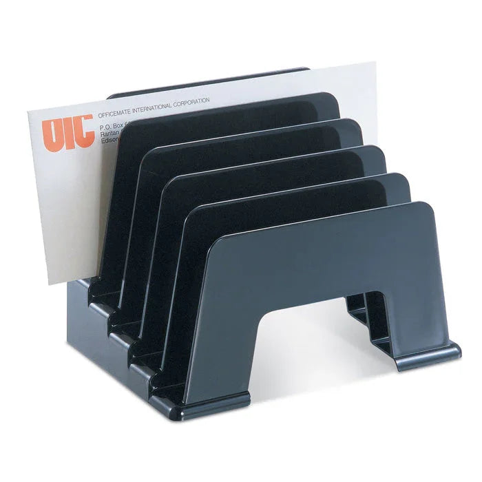 Black desk file sorter with multiple slots organizing envelopes and documents