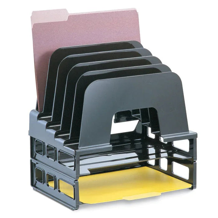 Black incline desk organizer with letter trays and stacked file folder slots